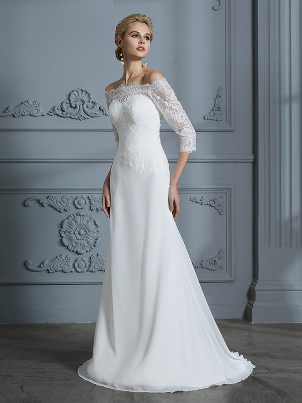 Off-the-Shoulder Sweep/Brush Train Chiffon Wedding Dresses