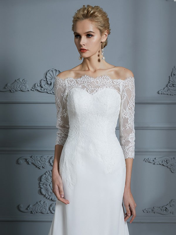 Off-the-Shoulder Sweep/Brush Train Chiffon Wedding Dresses