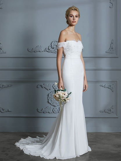 Off-the-Shoulder Sleeveless Lace Chiffon Sweep/Brush Train Wedding Dresses