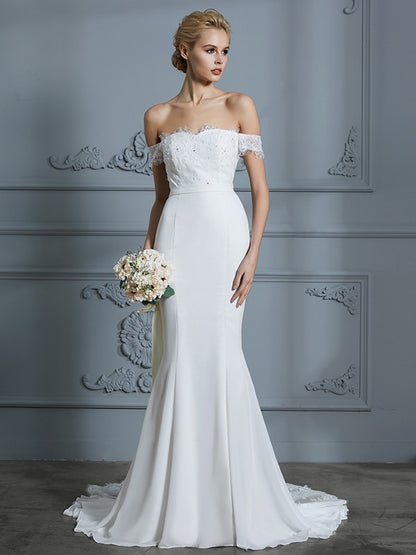 Off-the-Shoulder Sleeveless Lace Chiffon Sweep/Brush Train Wedding Dresses