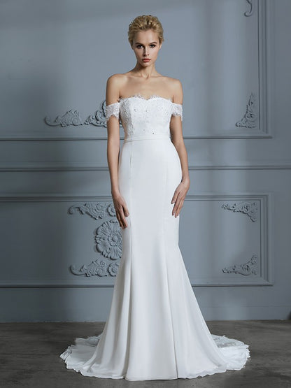 Off-the-Shoulder Sleeveless Lace Chiffon Sweep/Brush Train Wedding Dresses