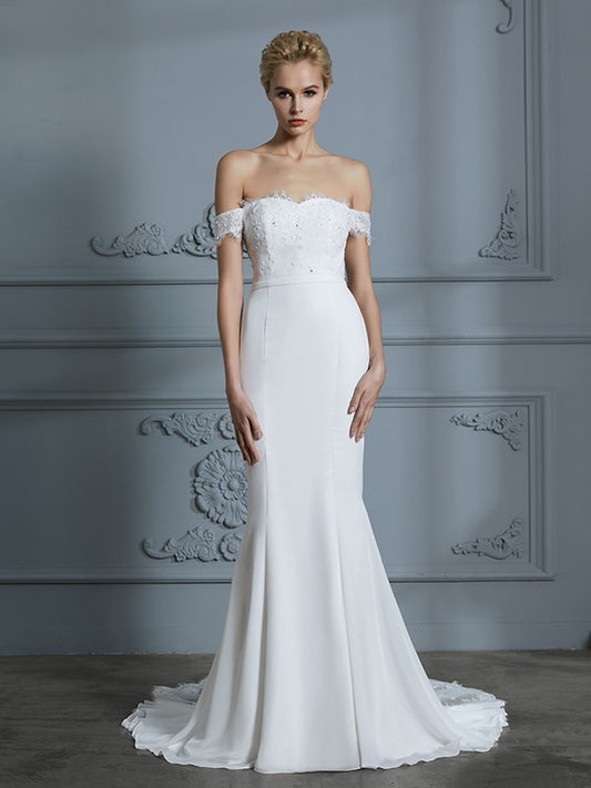 Off-the-Shoulder Sleeveless Lace Chiffon Sweep/Brush Train Wedding Dresses