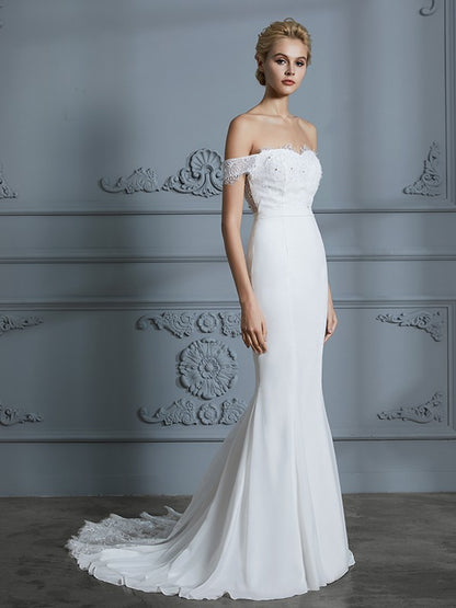 Off-the-Shoulder Sleeveless Lace Chiffon Sweep/Brush Train Wedding Dresses