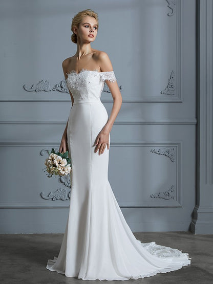 Off-the-Shoulder Sleeveless Lace Chiffon Sweep/Brush Train Wedding Dresses