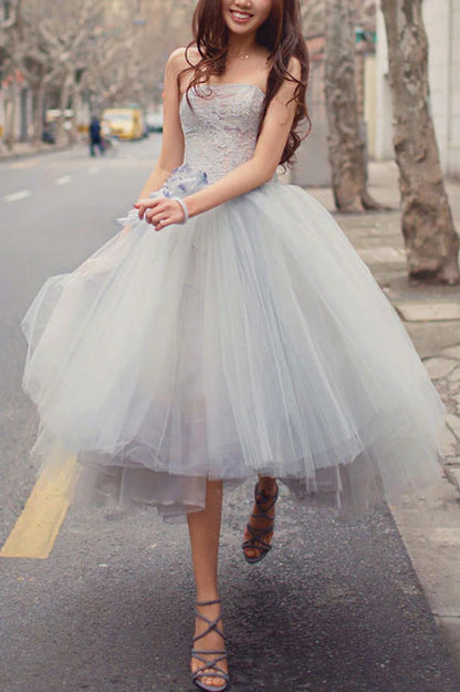 Gray sweetheart tulle lace short Evening Dresses