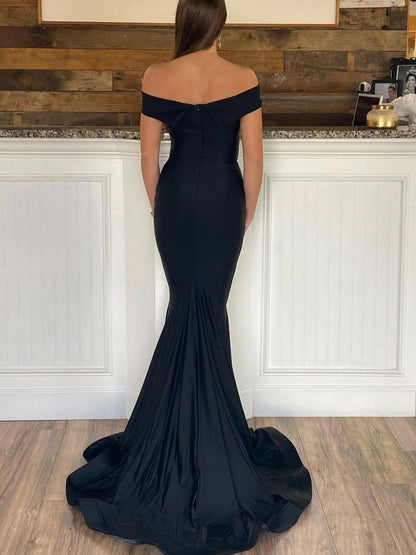 Simple black satin mermaid long prom dress