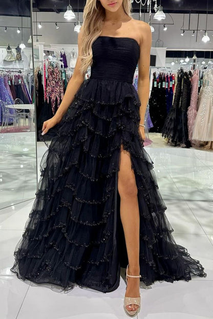 Weitese Princess A Line Strapless Black Long Prom Dress with Ruffles