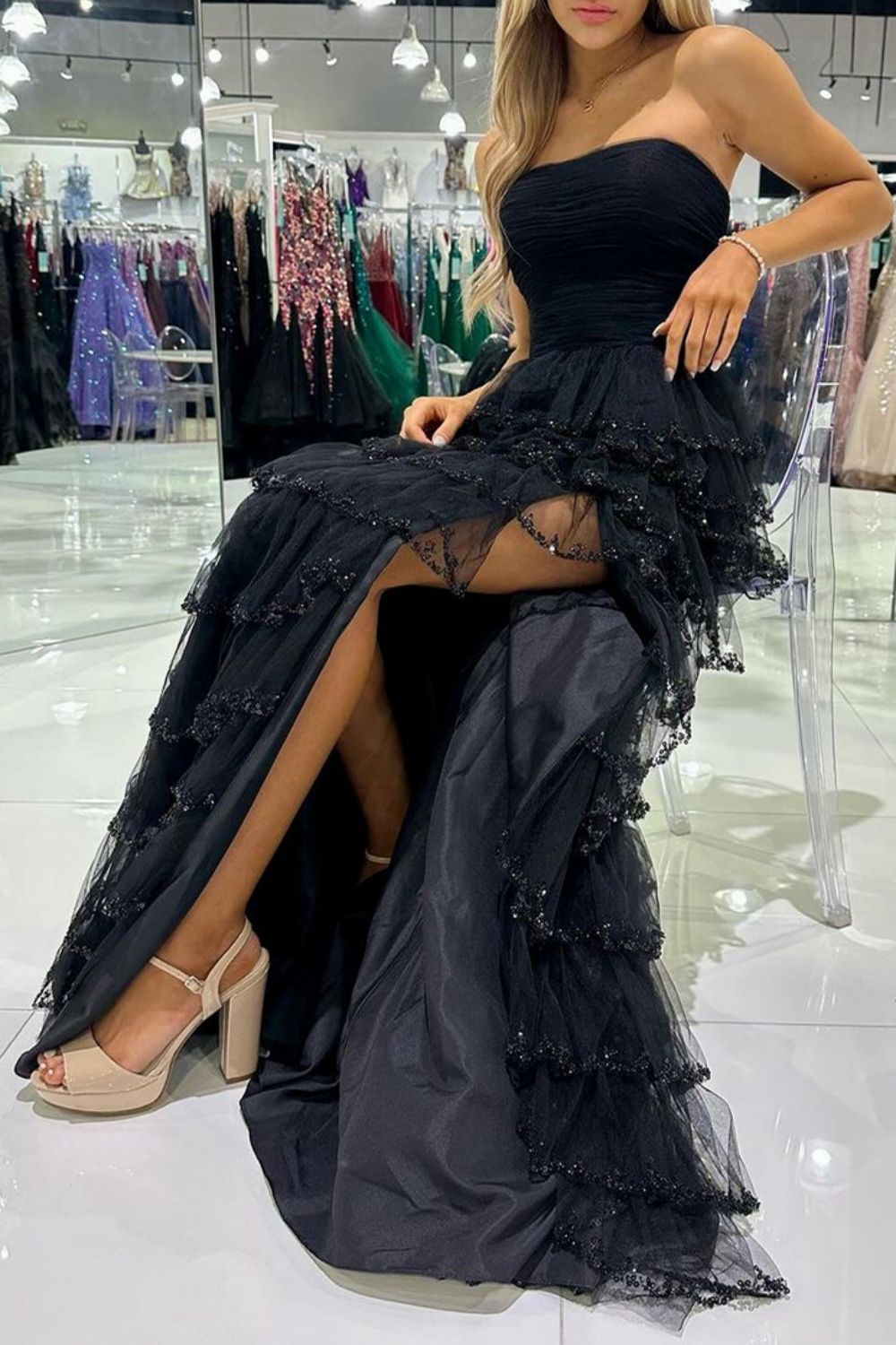 Weitese Princess A Line Strapless Black Long Prom Dress with Ruffles