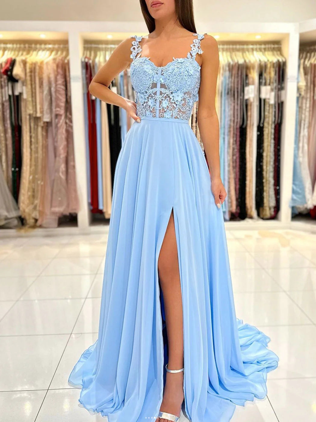 Blue A-Line Chiffon Lace Long Prom Party Dresses With Slit Floor Length