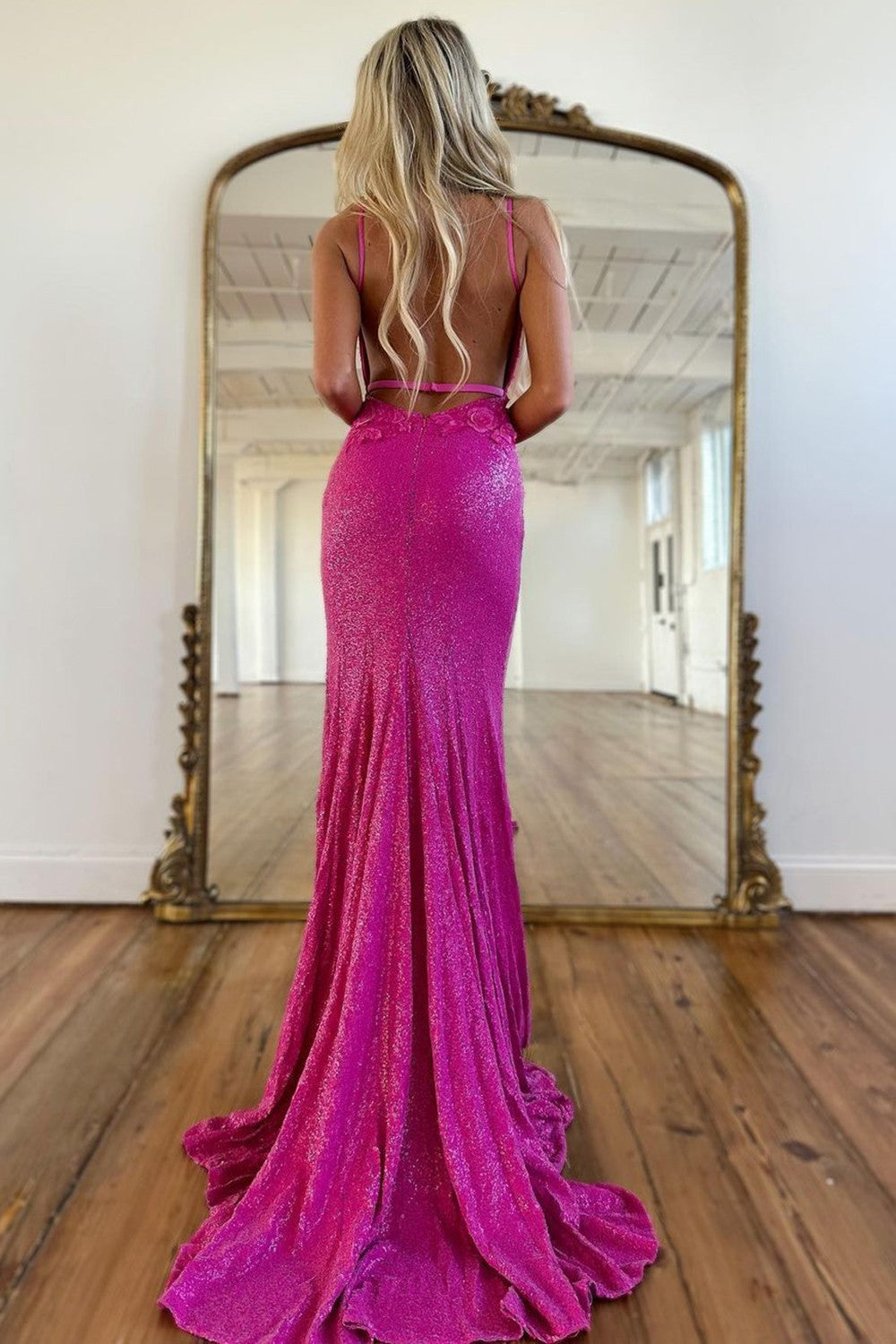 Weitese Glitter Fuchsia Spaghetti Straps Open Back Long Sequin Prom Dress With Split