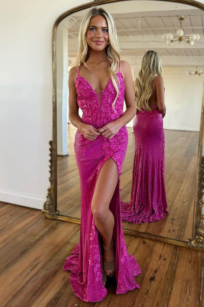 Weitese Glitter Fuchsia Spaghetti Straps Open Back Long Sequin Prom Dress With Split