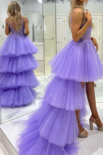 Weitese Stylish High Low Spaghetti Straps Purple Prom Dress with Appliques