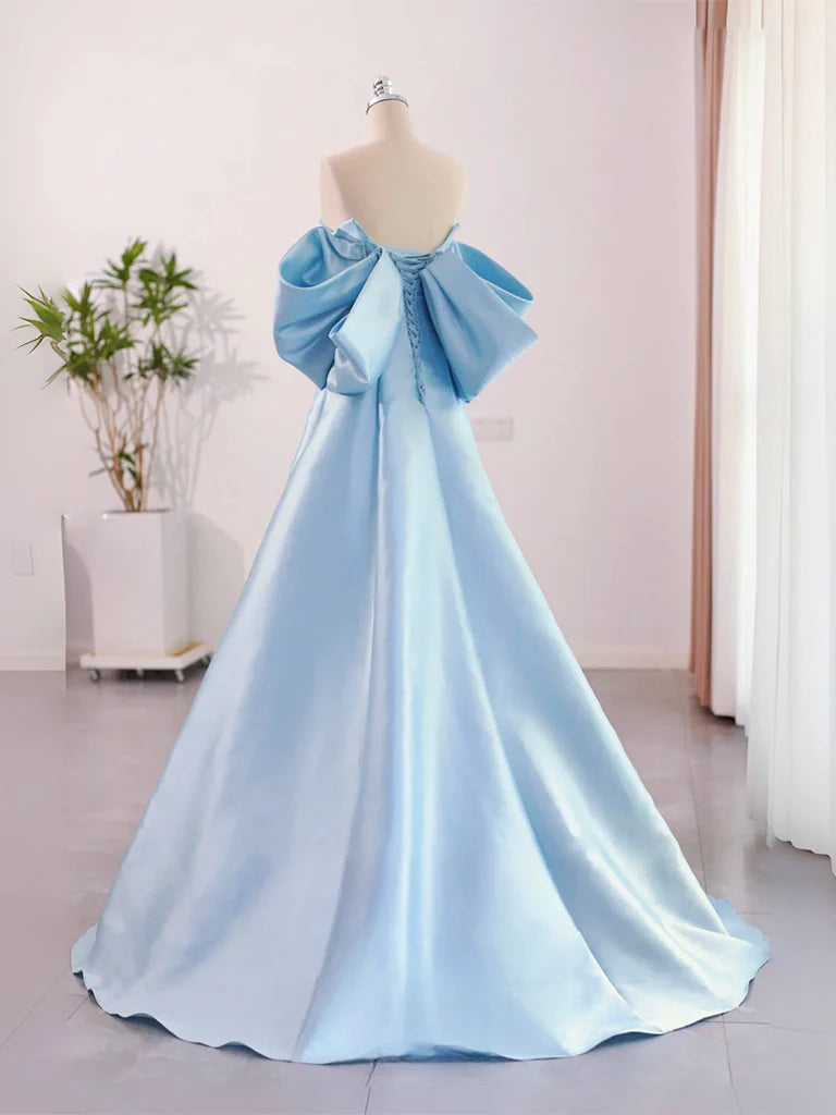 A-Line Sweetheart Neck Satin Blue Long Prom Dress