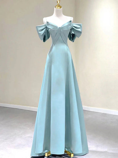 Spaghetti Straps Blue A-Line Satin Long Prom Dresses