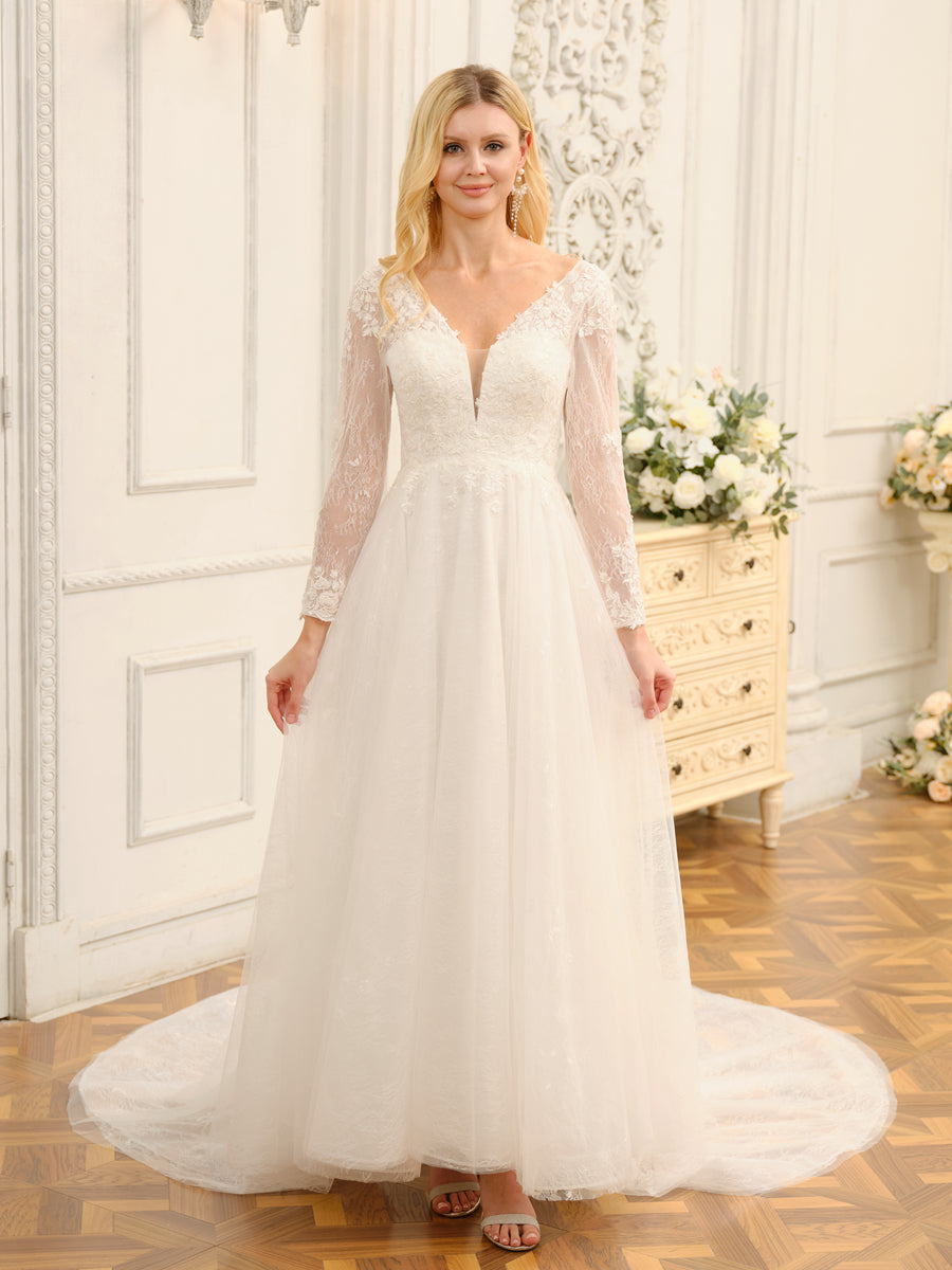 Weitese A-Line/Princess V-Neck Long Lace Wedding Dresses With Appliques