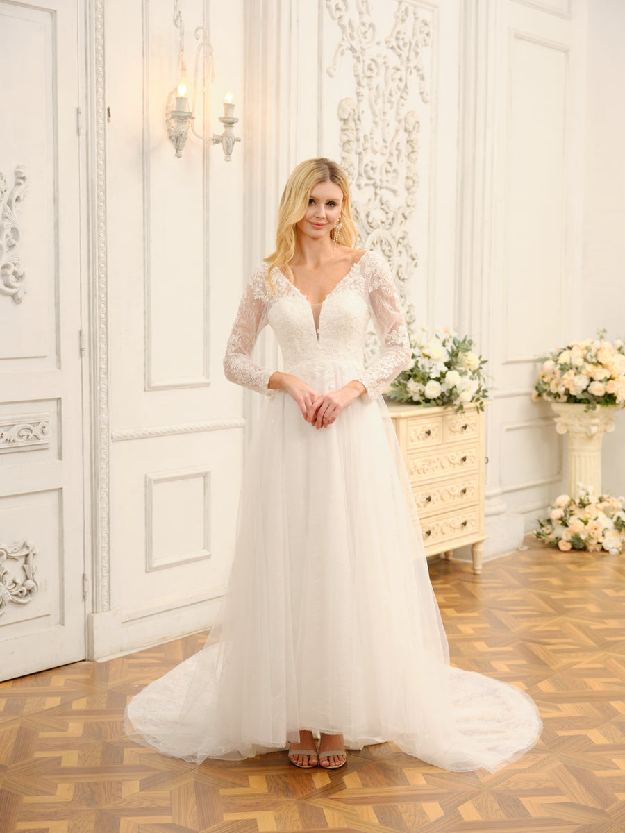 Weitese A-Line/Princess V-Neck Long Lace Wedding Dresses With Appliques