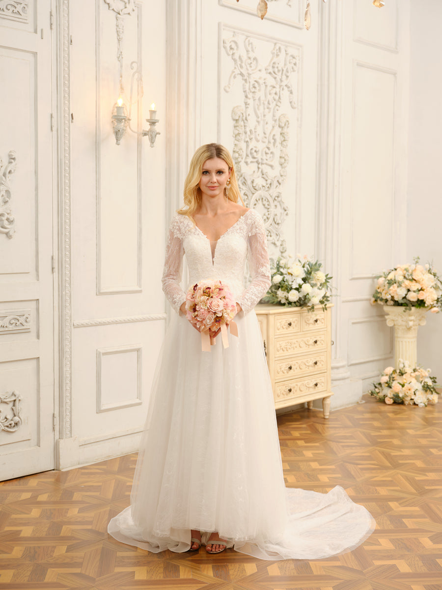 Weitese A-Line/Princess V-Neck Long Lace Wedding Dresses With Appliques