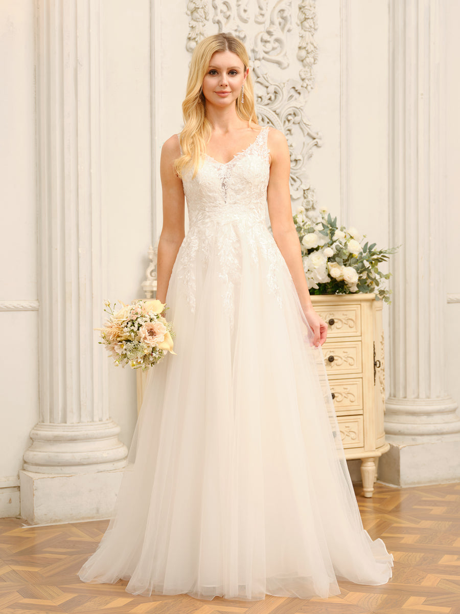 Weitese A-Line/Princess V-Neck Sleeveless Long Wedding Dresses With Appliques