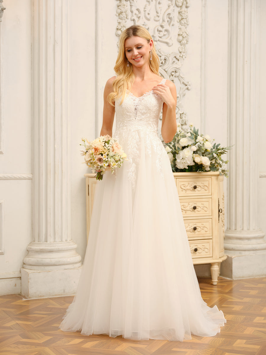 Weitese A-Line/Princess V-Neck Sleeveless Long Wedding Dresses With Appliques