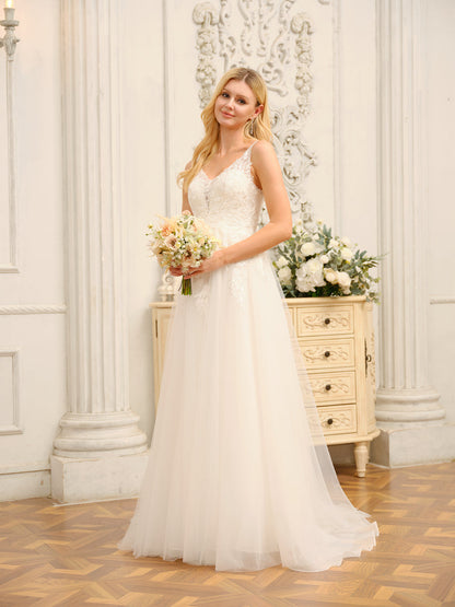 Weitese A-Line/Princess V-Neck Sleeveless Long Wedding Dresses With Appliques