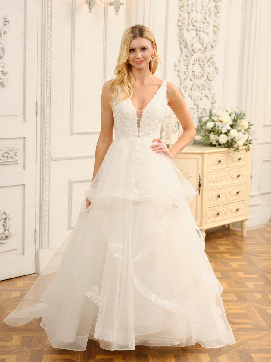 Weitese V-Neck Sleeveless Long Ball Gown Wedding Dresses With Appliques