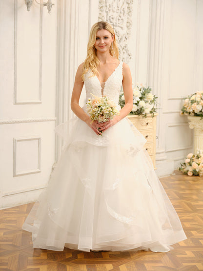 Weitese V-Neck Sleeveless Long Ball Gown Wedding Dresses With Appliques