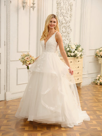 Weitese V-Neck Sleeveless Long Ball Gown Wedding Dresses With Appliques