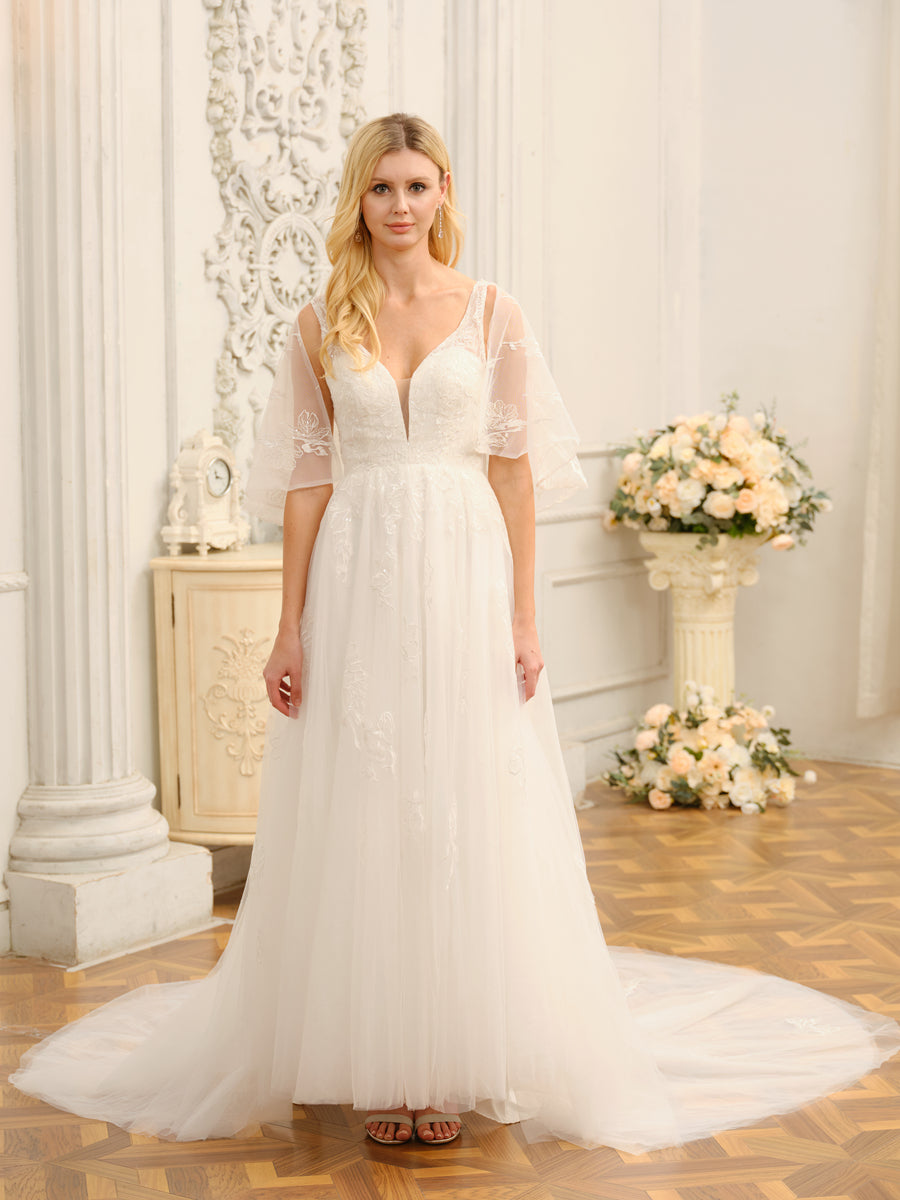 Weitese A-Line/Princess V-Neck Half Sleeves Long Wedding Dresses With Appliques