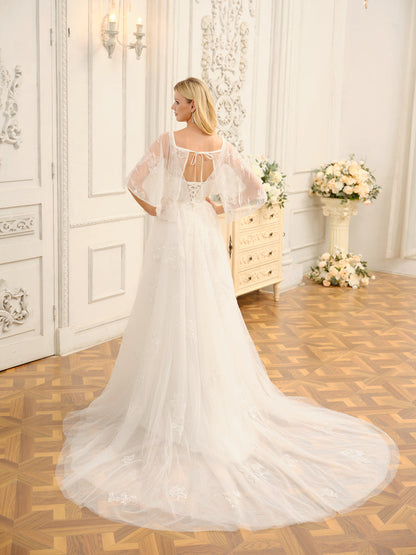 Weitese A-Line/Princess V-Neck Half Sleeves Long Wedding Dresses With Appliques