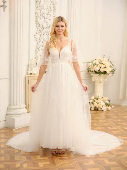 Weitese A-Line/Princess V-Neck Half Sleeves Long Wedding Dresses With Appliques