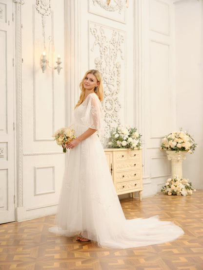 Weitese A-Line/Princess V-Neck Half Sleeves Long Wedding Dresses With Appliques