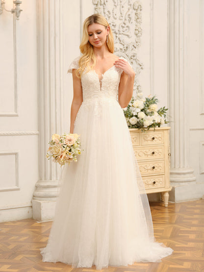 Weitese V-Neck Short Sleeves Long Wedding Dresses With Appliques