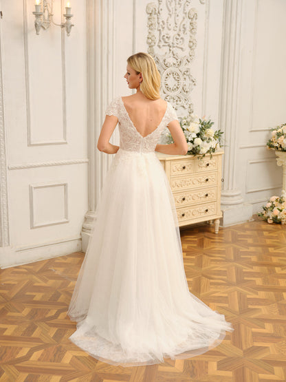 Weitese V-Neck Short Sleeves Long Wedding Dresses With Appliques