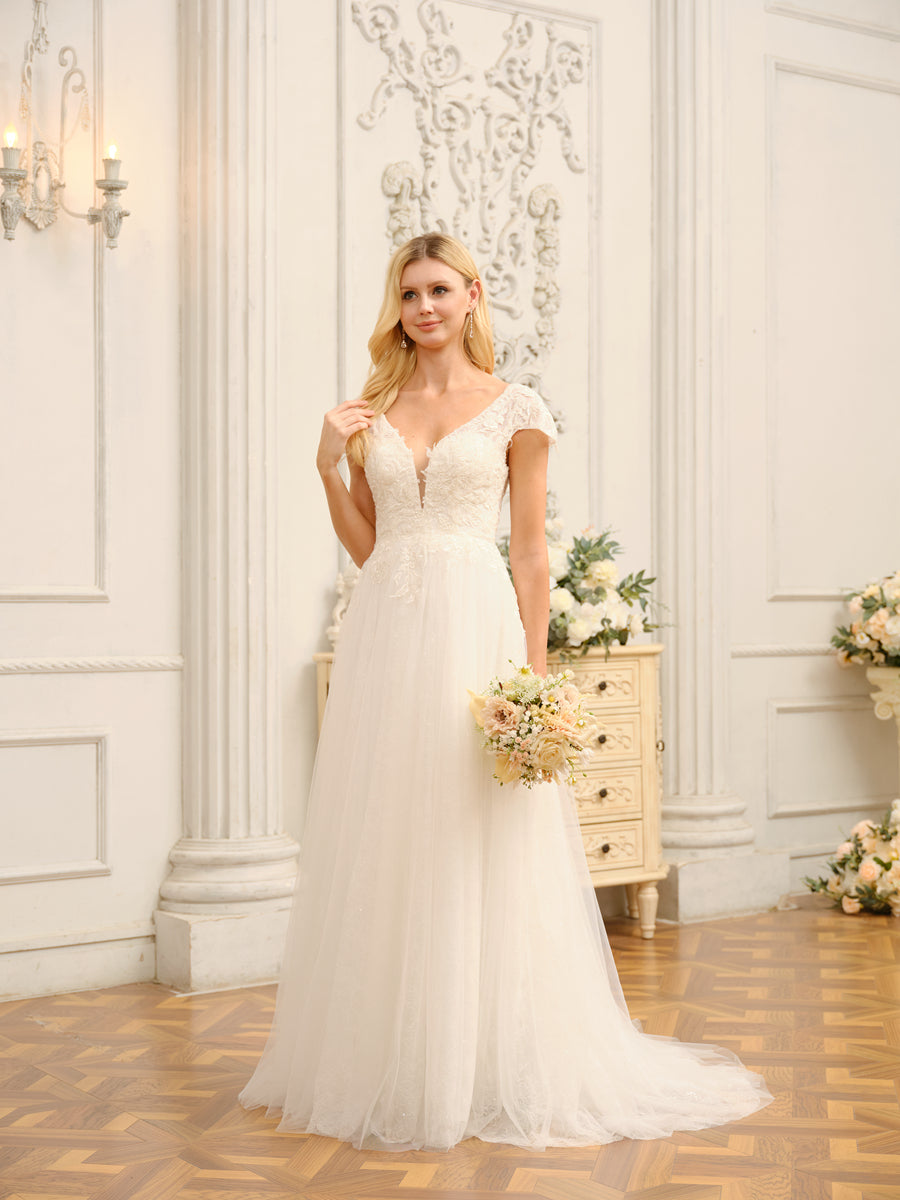 Weitese V-Neck Short Sleeves Long Wedding Dresses With Appliques