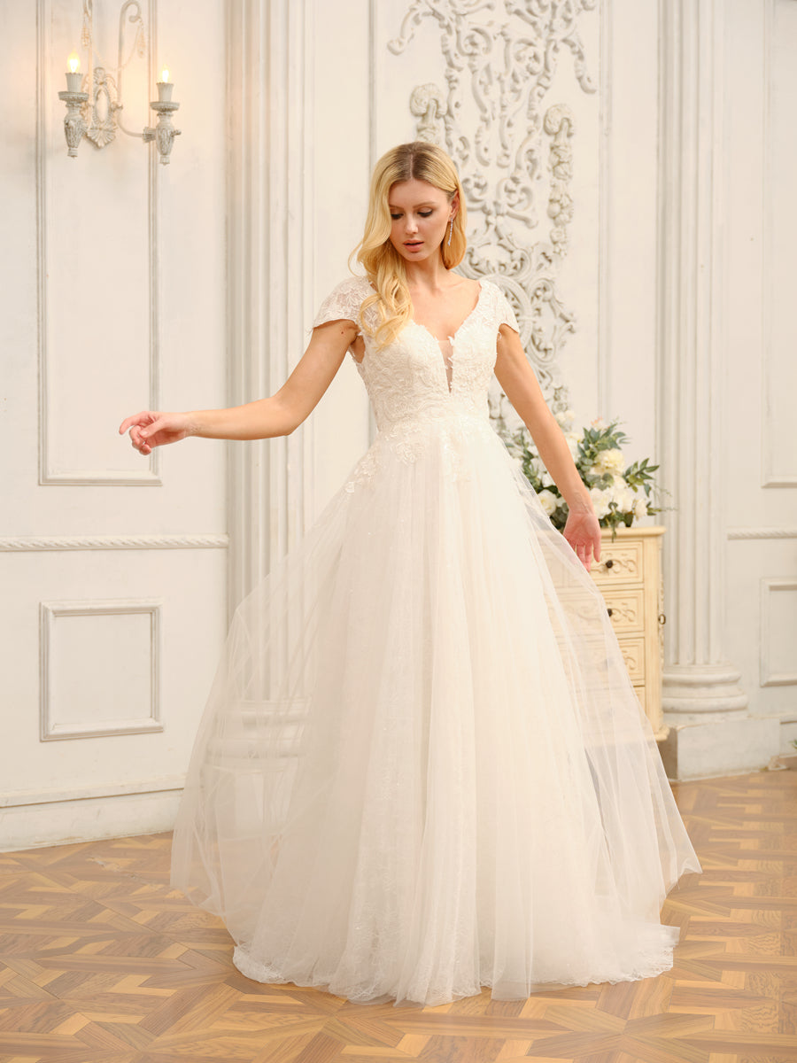 Weitese V-Neck Short Sleeves Long Wedding Dresses With Appliques