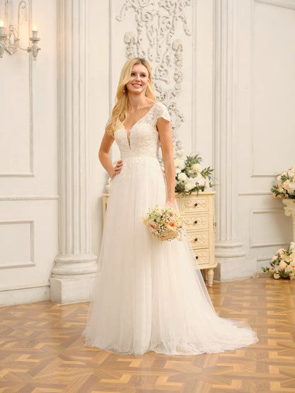 Weitese V-Neck Short Sleeves Long Wedding Dresses With Appliques