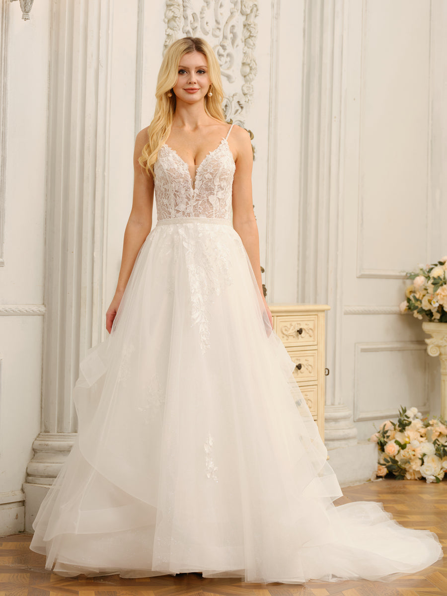 Weitese Spaghetti Straps V-Neck Sleeveless Long Wedding Dresses With Appliques