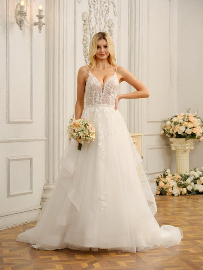 Weitese Spaghetti Straps V-Neck Sleeveless Long Wedding Dresses With Appliques