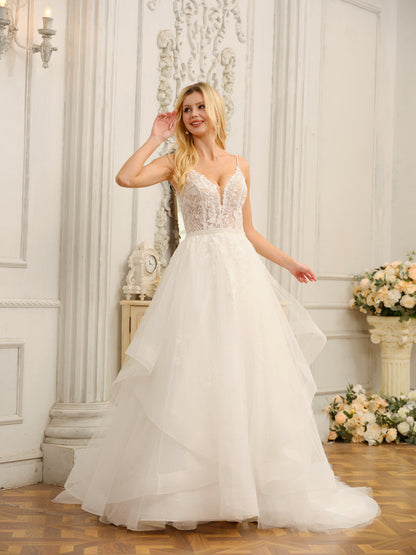 Weitese Spaghetti Straps V-Neck Sleeveless Long Wedding Dresses With Appliques