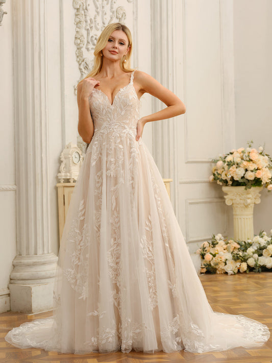 Weitese A-Line/Princess Spaghetti Straps Sleeveless Long Wedding Dresses With Appliques