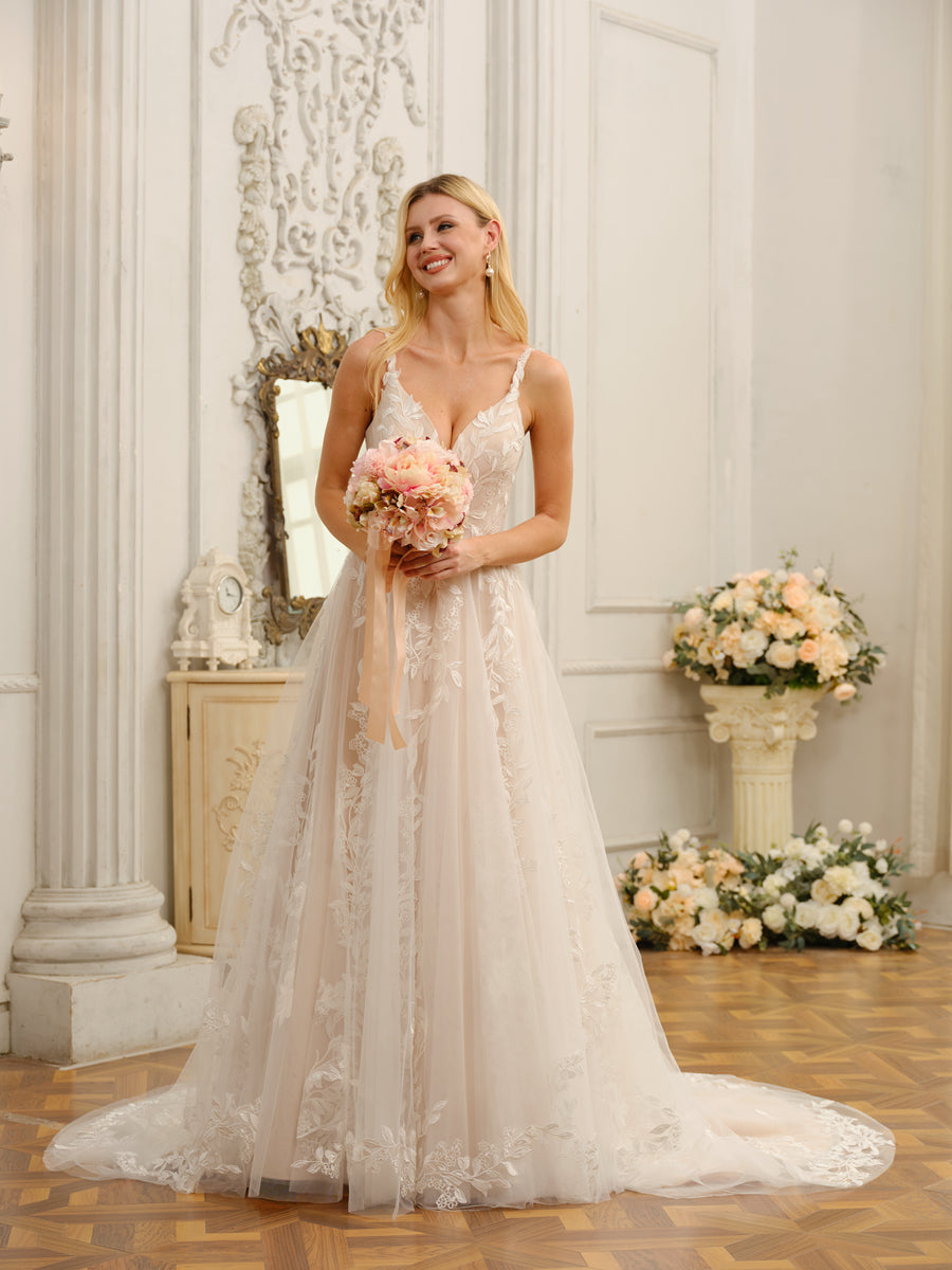 Weitese A-Line/Princess Spaghetti Straps Sleeveless Long Wedding Dresses With Appliques