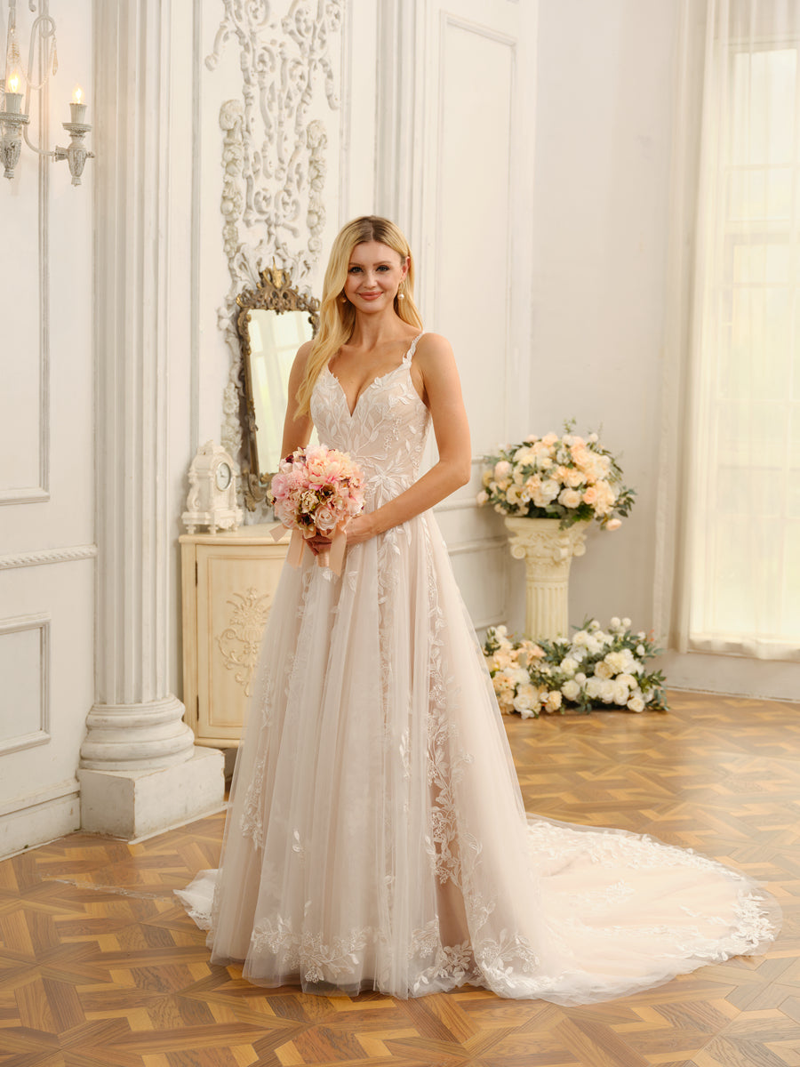 Weitese A-Line/Princess Spaghetti Straps Sleeveless Long Wedding Dresses With Appliques