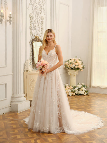 Weitese A-Line/Princess Spaghetti Straps Sleeveless Long Wedding Dresses With Appliques