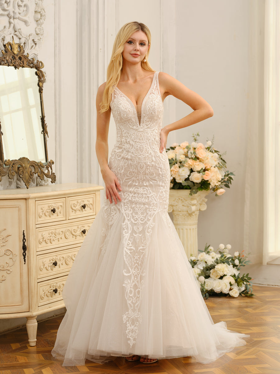 Weitese Trumpet/Mermaid V-Neck Sleeveless Long Wedding Dresses With Appliques