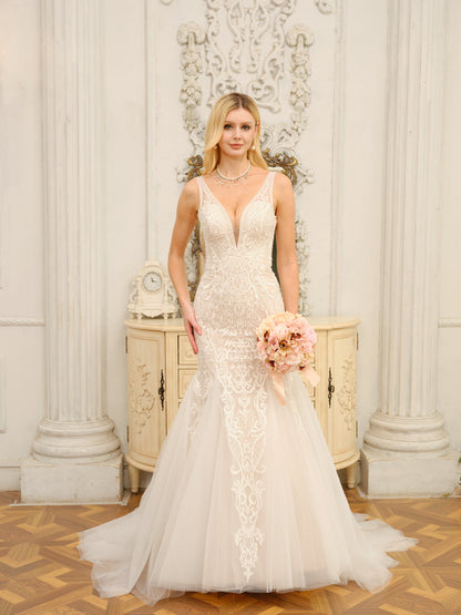 Weitese Trumpet/Mermaid V-Neck Sleeveless Long Wedding Dresses With Appliques