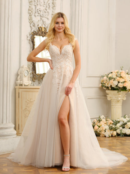 Weitese A-Line/Princess Sleeveless Long Wedding Dresses With Appliques & Split Side