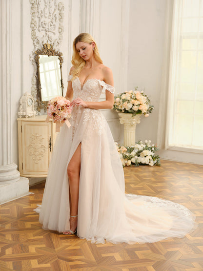 Weitese A-Line/Princess Sleeveless Long Wedding Dresses With Appliques & Split Side