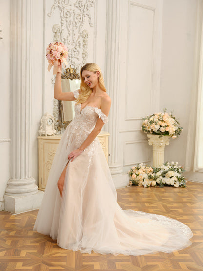 Weitese A-Line/Princess Sleeveless Long Wedding Dresses With Appliques & Split Side