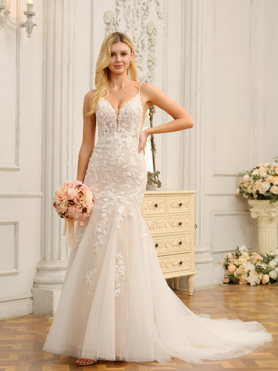 Weitese Trumpet/Mermaid Spaghetti Straps Sleeveless Long Wedding Dresses With Appliques