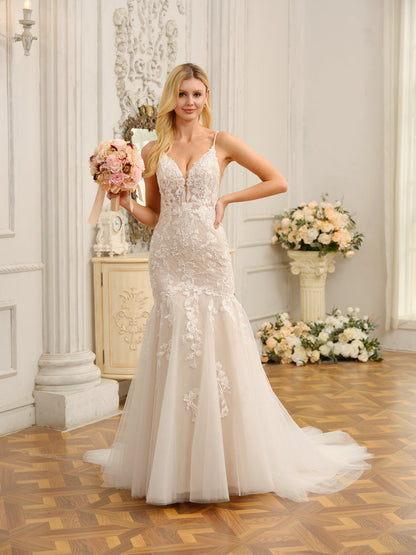 Weitese Trumpet/Mermaid Spaghetti Straps Sleeveless Long Wedding Dresses With Appliques